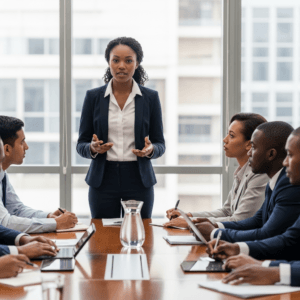 Presenter leading a business presentation in a boardroom