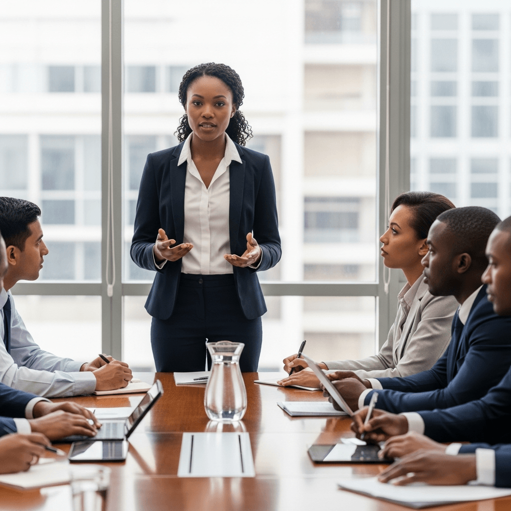 Presenter leading a business presentation in a boardroom