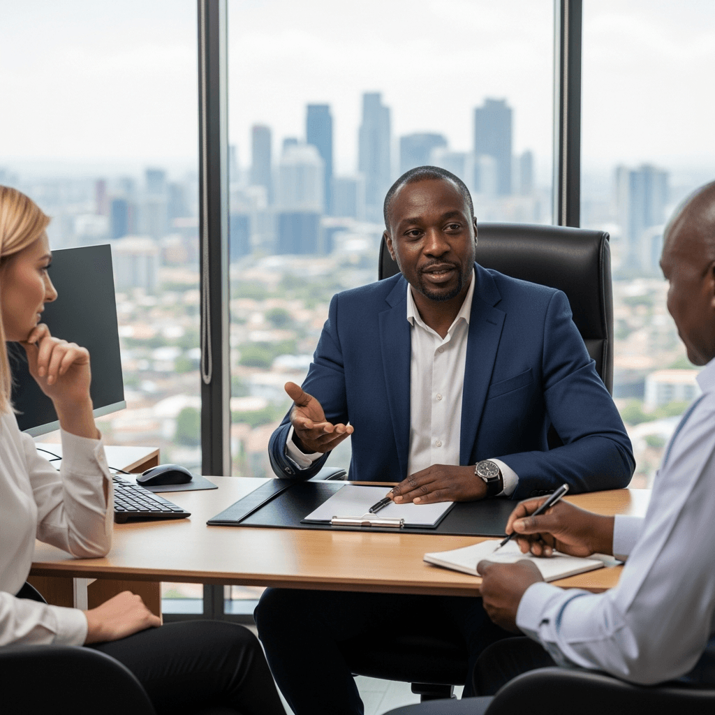 Business pitch meeting with sales team and client stakeholders
