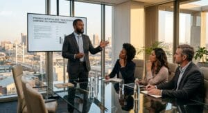 Business presenter showing a strategic initiative year-to-date overview with chart to seated executives