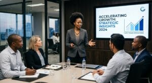 Presenter showing accelerating growth strategic insights on screen to a small leadership group