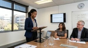 Young professional presenting at a lectern to two senior colleagues in a boardroom